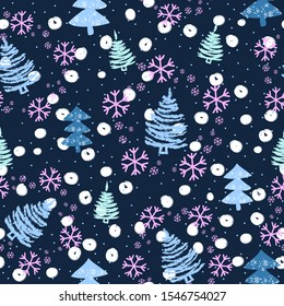 Seamless pattern with Christmas trees and snow - Vector illustration