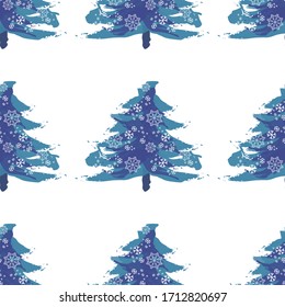 Seamless pattern with Christmas trees and snow. Xmas tree hand drawn, template for new year greeting card or packaging decoration holiday - Vector