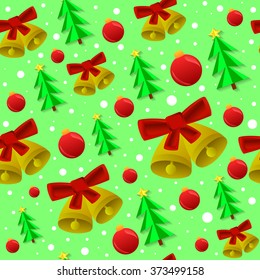 Seamless pattern with Christmas trees, snow, decorations and bells.