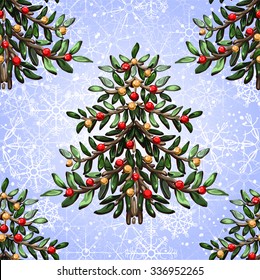 Seamless pattern with christmas trees and snowflake. 