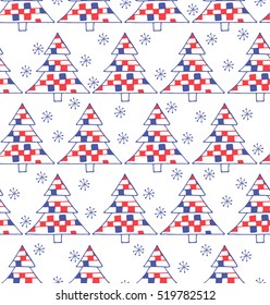 Seamless pattern with Christmas trees and snowflake on white background for winter holidays design