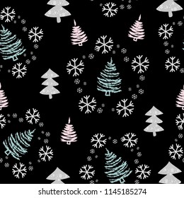 Seamless pattern with Christmas trees and snowflakes
