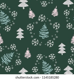 Seamless pattern with Christmas trees and snowflakes