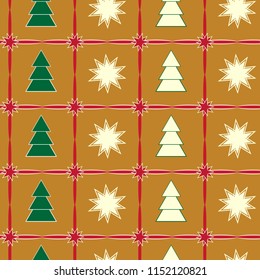 Seamless pattern Christmas trees and snowflakes on a gold background.  Pattern for card, invitation, wrapping paper, textile fabric . Vector pattern