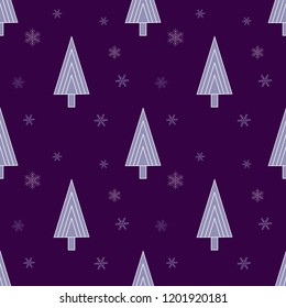 Seamless pattern with  Christmas  trees and snowflakes on a dark violet background.