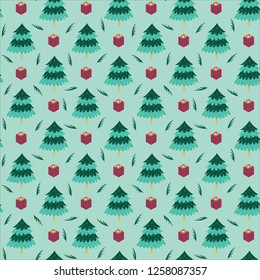 Seamless pattern of christmas trees with snowflakes and gifts on a mint green background. Great for textile print, holiday invitations, wrapping paper, or packaging. Vector file.