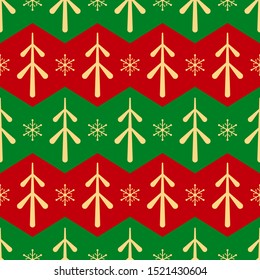 Seamless pattern with Christmas trees and snowflakes. New Year background. Vector 
