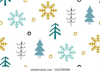 Seamless pattern with Christmas trees and snowflakes on a white background. Scandinavian style. Hand drawn Vector illustration.