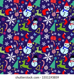 Seamless pattern with Christmas trees, snowflakes, mittens, snowman  and Christmas deer. Winter elements and symbols. Vector illustration.