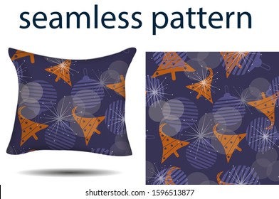 Seamless pattern with Christmas trees, snowflakes, circles, toys. Pillow. Design of bed linen, ornament for decor. Violet, orange. Textile