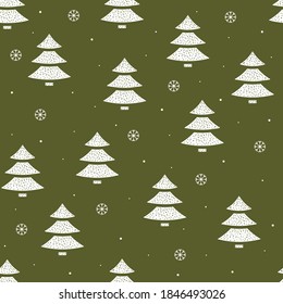 Seamless pattern of Christmas trees and snowflakes in flat style on a green background.