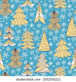 Seamless pattern with  Christmas trees, snowflakes  on blue. Festive background. Vector. Perfect for invitations, postcards, wallpaper, wrapping and textile.