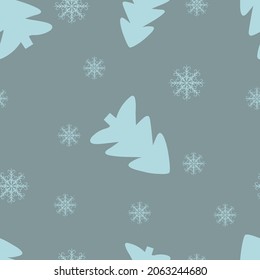Patrón sin foco con árboles de Navidad y copos de nieve en un fondo gris. Fondo vectorial festivo para impresión en papel, tela, embalaje.