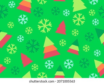 Patrón sin foco con árboles de Navidad y copos de nieve. Color verde y rojo. Antecedentes festivos de Navidad para imprimir en materiales promocionales, papel de envoltura y banners. Ilustración del vector