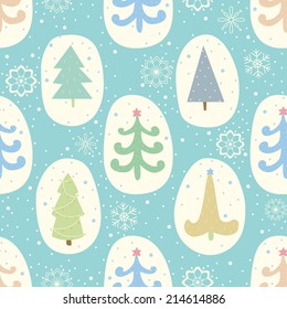 Seamless pattern with Christmas trees and snowflakes. EPS 10. No transparency. No gradients.