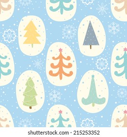 Seamless pattern with Christmas trees and snowflakes. EPS 10. No transparency. No gradients.