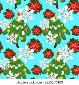Seamless pattern with Christmas trees, snowflakes and Poinsettia.