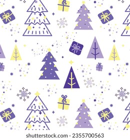 Seamless pattern with Christmas trees, snowflakes and stars