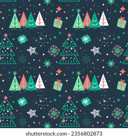 Seamless pattern with christmas trees and snowflakes.