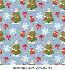 Seamless pattern of Christmas trees and snowflakes on blue background. New Year vector background for print, paper, design, fabric, decor, gift wrapping, background.