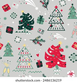 Seamless pattern. Christmas trees and snowflakes.