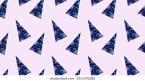 Seamless pattern with Christmas trees, snowflakes and Christmas tree toys. Design of wrapping paper, fabric, packaging. Happy New Year and Christmas. Vector graphics 