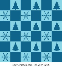 Seamless pattern with Christmas trees and snowflakes. Endless checkered Christmas pattern in blue colors. Repeating checkered pattern with Christmas elements. Pattern for wrapping paper, textiles, etc