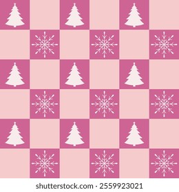 Seamless pattern with Christmas trees and snowflakes. Endless checkered Christmas pattern in pink colors. Repeating checkered pattern with Christmas elements. Pattern for wrapping paper, textiles, etc