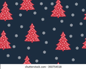 Seamless pattern. Christmas trees and snowflakes on a red background.