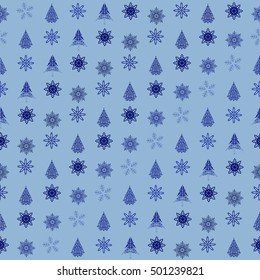 Seamless pattern with Christmas trees and snowflakes in flat style. Vector.