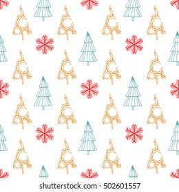Seamless pattern with Christmas trees and snowflakes on a white background. Rapport in the style of hand-drawing.