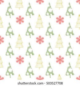 Seamless pattern with Christmas trees and snowflakes on a white background. Rapport in the style of hand-drawing. Paper for Christmas gifts.