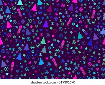 Seamless pattern with Christmas trees and snowflakes. Christmas pattern. Rocket fireworks. Vector illustration.