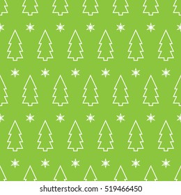 Seamless pattern of Christmas Trees and snowflakes on a green background.
