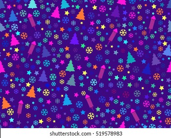 Seamless pattern with Christmas trees and snowflakes. Christmas pattern. Rocket fireworks. Vector illustration.