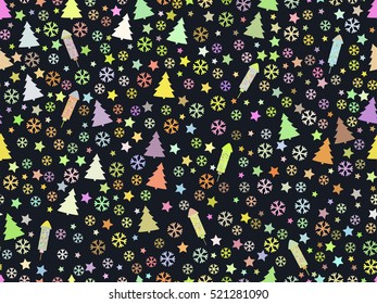 Seamless pattern with Christmas trees and snowflakes. Christmas pattern. Rocket fireworks. Vector illustration.