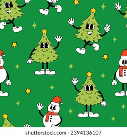 Seamless pattern with christmas trees and snowman in retro groovy style. Holiday vector background