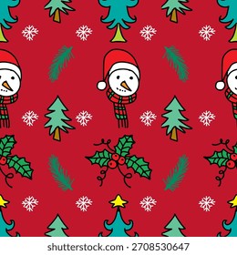 Seamless pattern with Christmas trees and snowman. Vector illustration.