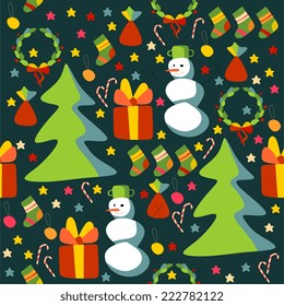 Seamless pattern with Christmas trees, snowmen and gifts