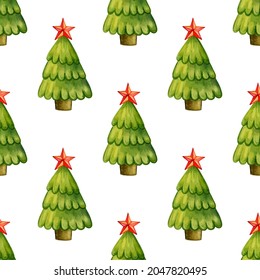 Seamless pattern of Christmas trees with star on a white background. Vector illustration