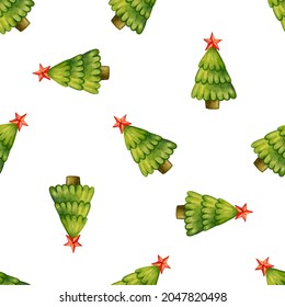 Seamless pattern of Christmas trees with star on a white background. Vector illustration