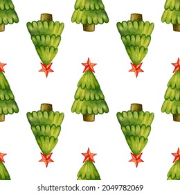 Nahtlose Muster von Weihnachtsbäumen mit Stern auf weißem Hintergrund. Vektorgrafik
