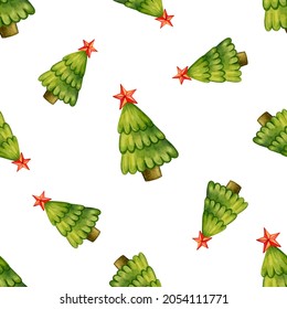 Seamless pattern of Christmas trees with star on a white background. Vector illustration