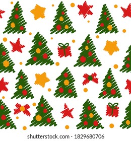 patrón sin fisuras con árboles de navidad, estrellas, regalos para envolver papel