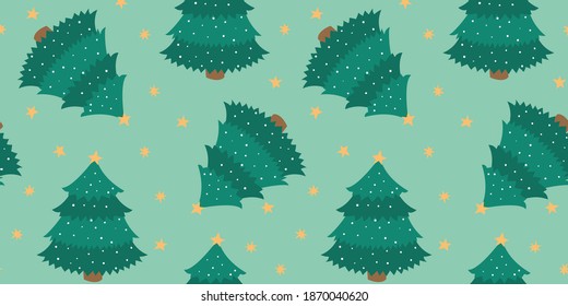 Nahtloses Muster mit Weihnachtsbäumen und Sternen. Farbiger Vektorhintergrund.