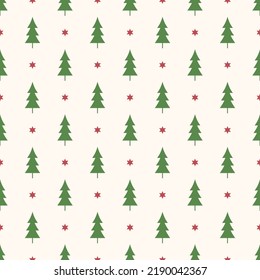 Seamless pattern with Christmas trees and stars. Green silhouette of trees and red tiny stars on white background.