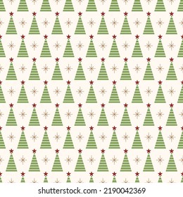 Patrón sin foco con árboles y estrellas navideñas. Árboles verdes de Navidad con fondo blanco.
