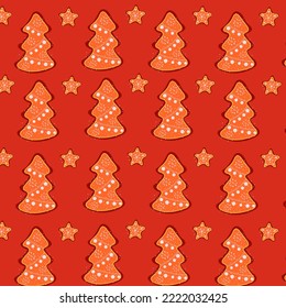Seamless pattern with Christmas trees, stars and snowflakes on red background. Hand-drawn vector illustration for festive design new year, Christmas. Greeting cards, wallpapers.