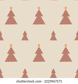 Patrón sin foco con árboles de navidad y estrellas de estilo boho. Árboles de años nuevos y planos de colores beige.