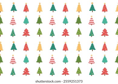 Seamless pattern with Christmas trees and stars. Vector illustration.